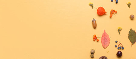 Composition with natural forest decor on beige background with space for text, top view