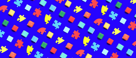 Many pieces of jigsaw puzzle on blue background. pattern for design