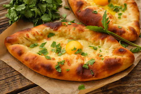 Tasty Ajarian khachapuri with cilantro on wooden background, closeupの写真素材