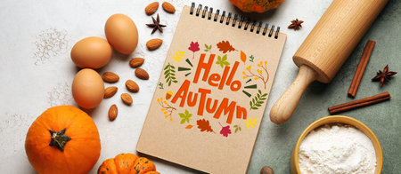 Notebook and ingredients for pumpkin pie on color background