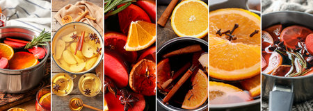 Collage with tasty homemade mulled wineの写真素材