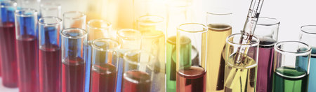 Collage with many laboratory test tubes, closeupの写真素材