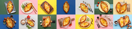 Collage with many tasty Ajarian khachapuriの写真素材