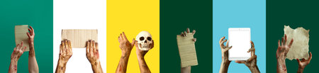 Collage of zombie's hands with human skull, tablet computer and blank paper sheetsの写真素材