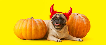 Cute pug dog with devil horns and pumpkins on yellow background. halloween celebrationの写真素材