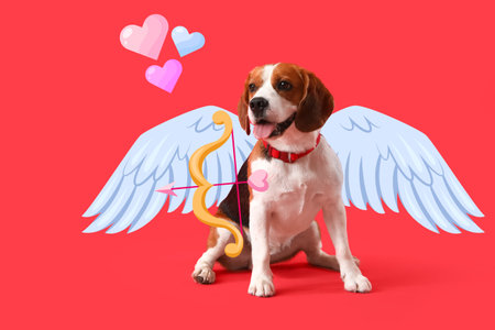 Cute Cupid dog on red background. Valentine's Day celebrationの写真素材