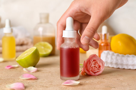 Female hand with bottle of vitamin C serum on table, closeupの写真素材