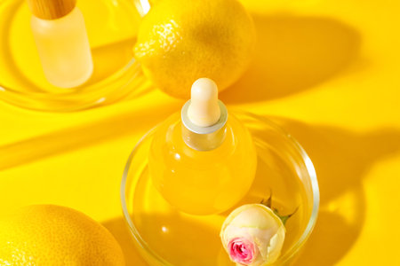 Bottle of vitamin C serum on yellow background