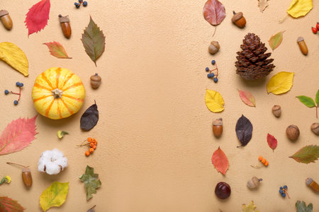 Composition with natural forest decor and autumn leaves on color background