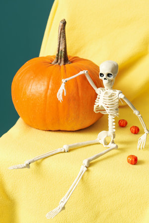 Halloween pumpkins with skeleton on chair near green wallの写真素材