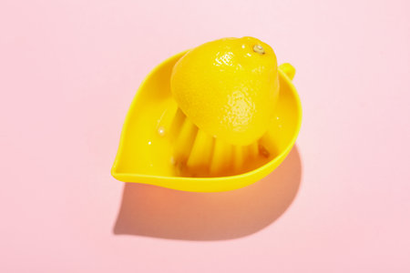Juicer with half of fresh lemon on pink backgroundの写真素材