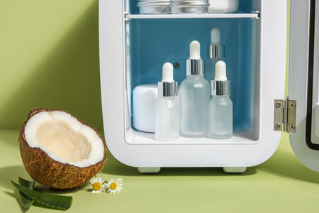 Small refrigerator with natural cosmetics, coconut, chamomile flowers and aloe leaves on green backgroundの写真素材