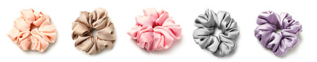 Collage of stylish hair scrunchies on white backgroundの写真素材