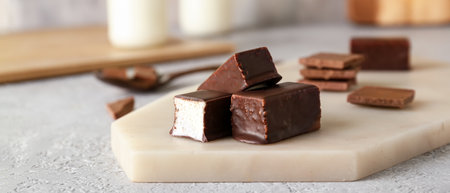 Board with tasty bird's milk candies on table, closeupの写真素材