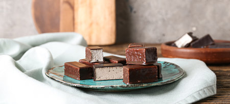 Plate with tasty bird's milk candies on tableの写真素材