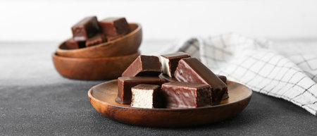 Wooden plate with tasty bird's milk candies on table