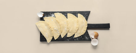 Board with raw chebureks on light background, top view