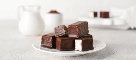 Plate with tasty bird's milk candies on light tableの写真素材