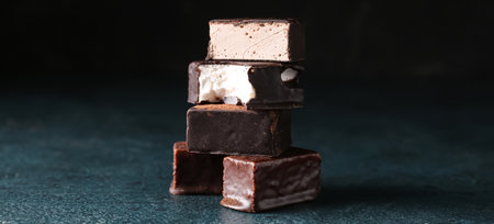 Stack of tasty bird's milk candies on dark backgroundの写真素材