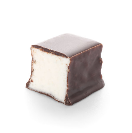 Half of tasty bird's milk candy on white backgroundの写真素材