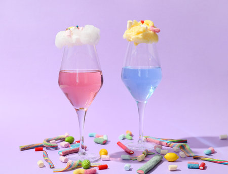 Glasses with delicious cotton candy cocktail and sweets on color backgroundの写真素材