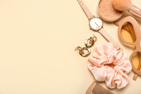 Different stylish female accessories on color background, closeupの写真素材