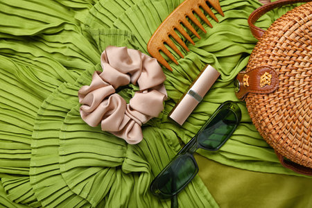Stylish female accessories on green dressの写真素材