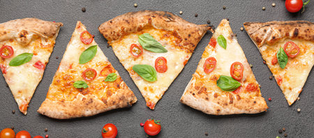 Slices of delicious pizza Margherita on gray background, top view