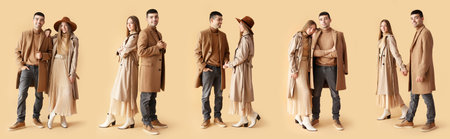 Set of fashionable young couple in autumn clothes on beige backgroundの写真素材