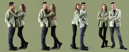 Set of fashionable young couple in stylish clothes on color backgroundの写真素材