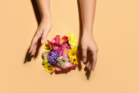 Female hands and beautiful flowers on beige backgroundの写真素材