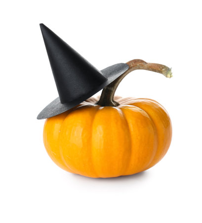 Halloween pumpkin with witch hat on white backgroundの写真素材