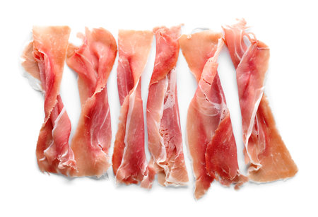 Slices of delicious ham isolated on white backgroundの写真素材