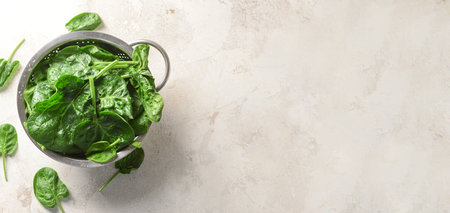 Colander of fresh spinach leaves on light background with space for text