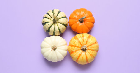 Ripe pumpkins on lilac backgroundの写真素材