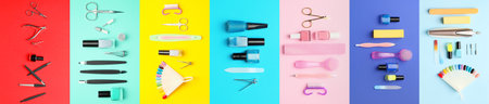 Collage of supplies for manicure and pedicure on color backgroundの写真素材