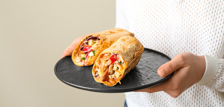 Woman holding plate with tasty doner kebabs on light background, closeup