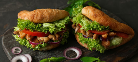 Tasty doner kebabs on wooden boardの写真素材