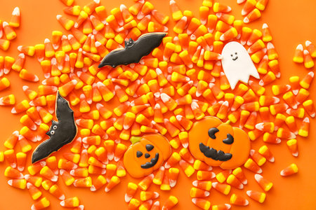 Halloween candy corns with cookies on orange backgroundの写真素材
