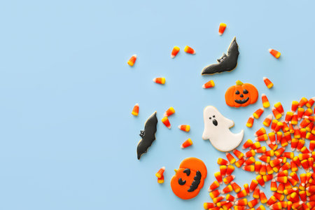 Halloween candy corns and cookies on blue background