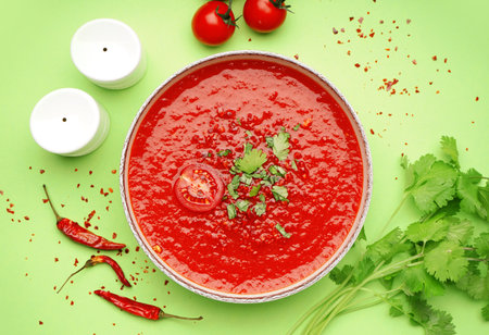 Bowl of tasty tomato soup and ingredients on green backgroundの写真素材