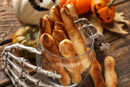 Jar with Halloween cookies and skeleton hands on wooden background, closeupの写真素材