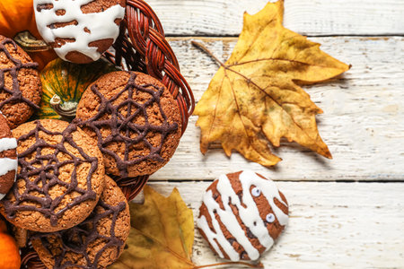 Basket with Halloween cookies and fallen leaves on white wooden background, closeupの写真素材