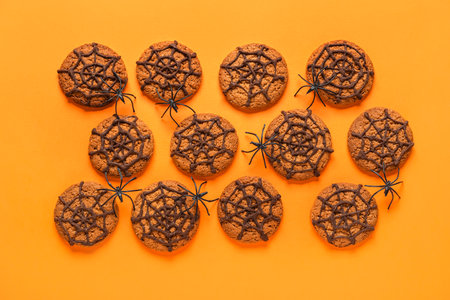 Halloween spider web cookies with spiders on orange backgroundの写真素材