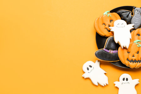 Plate with tasty Halloween cookies on orange backgroundの写真素材