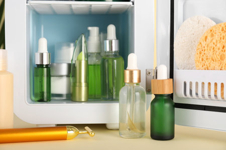 Small refrigerator with cosmetic products and facial massage tool on color backgroundの写真素材