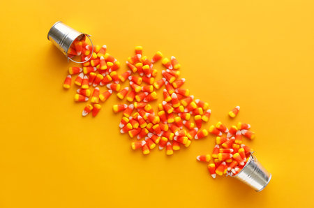 Buckets with Halloween candy corns on yellow background
