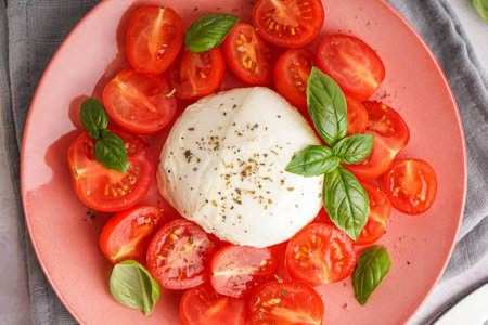 Plate with tasty mozzarella cheese and fresh tomatoes, closeup