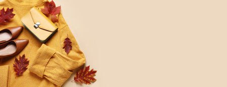 Stylish female sweater, handbag, shoes and autumn leaves on light background with space for text....