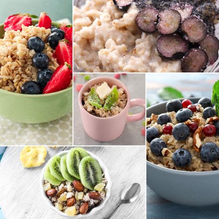 Collage of sweet oatmeal with fruits and berriesの写真素材